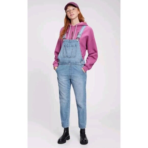 New GAP Slouchy Denim Bib Ankle Overalls Womens Large Relaxed Fit $80 - Picture 1 of 5